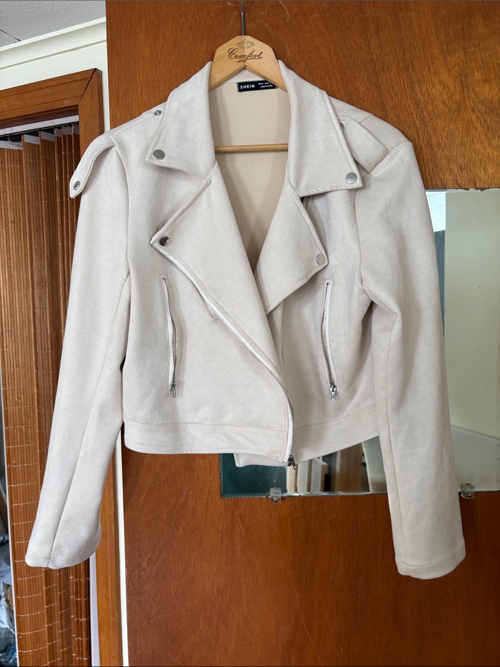 SHEIN Cream Faux Suede Moto Blazer